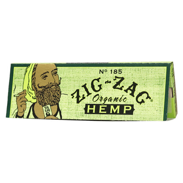 A single package of Zig-Zag Organic Hemp rolling paper, No. 185, featuring a light green textured background with a vintage-style illustration of a bearded man on the left and bold black lettering.