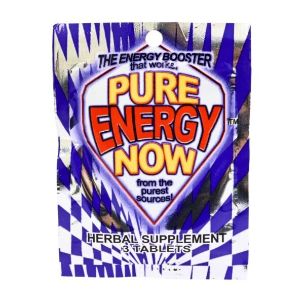 A package of Pure Energy Now herbal supplement tablets, featuring a silver and blue checkered design with bold red and yellow text.