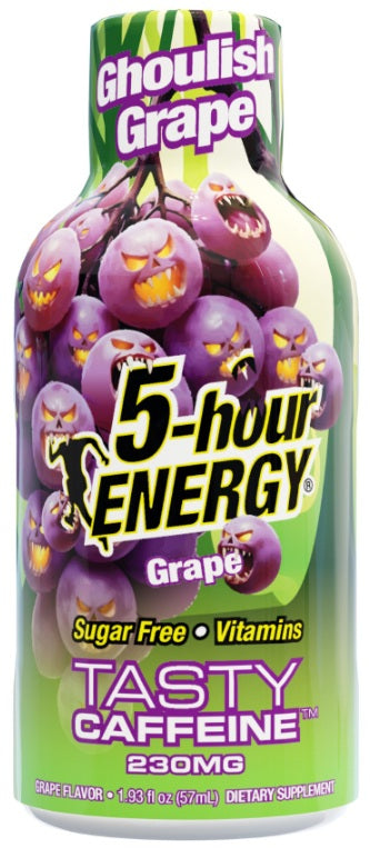 A bottle of 5-hour Energy Grape flavor drink with a green and purple label featuring cartoon grapes and the text 'Ghoulish Grape' and 'Tasty Caffeine 230MG'.