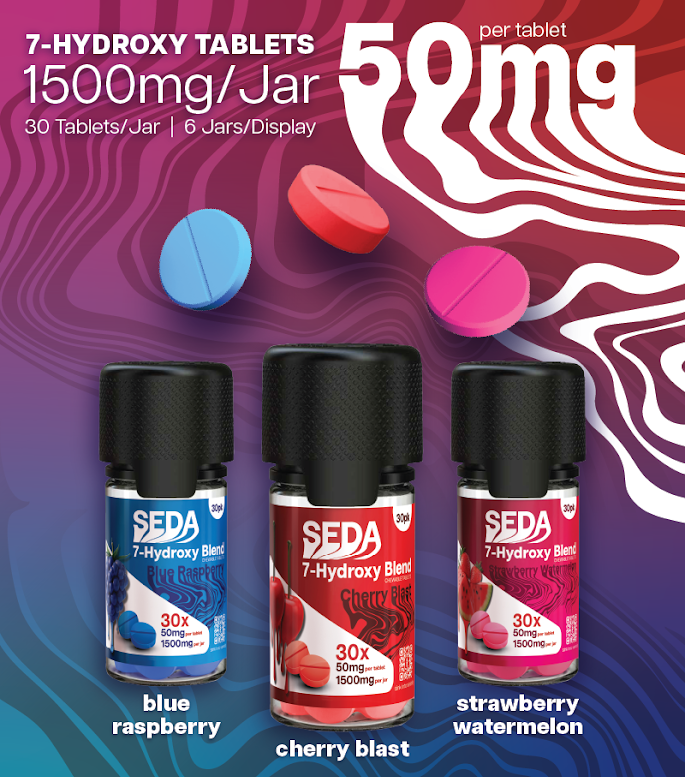 SEDA 7-Hydroxy Blend Chewable Tablets full box | 6 jars | 30ct Jar (50mg Per tablet)