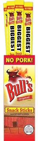 Meat Snack (BULL'S BIGGEST ORIG). SNACK STICK (NO PORK--CONTAINS BEEF & CHICKEN) 24 count 0.9oz