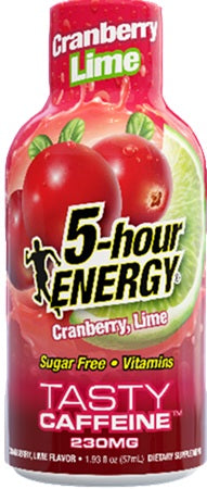 A bottle of 5-hour Energy Cranberry Lime flavor dietary supplement, featuring a red and green label with illustrations of cranberries and lime slices.