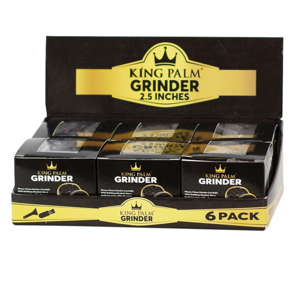 King Palm Grinder 2.5 inch 6-pack display box containing six individual grinder boxes, shown on a plain white background.