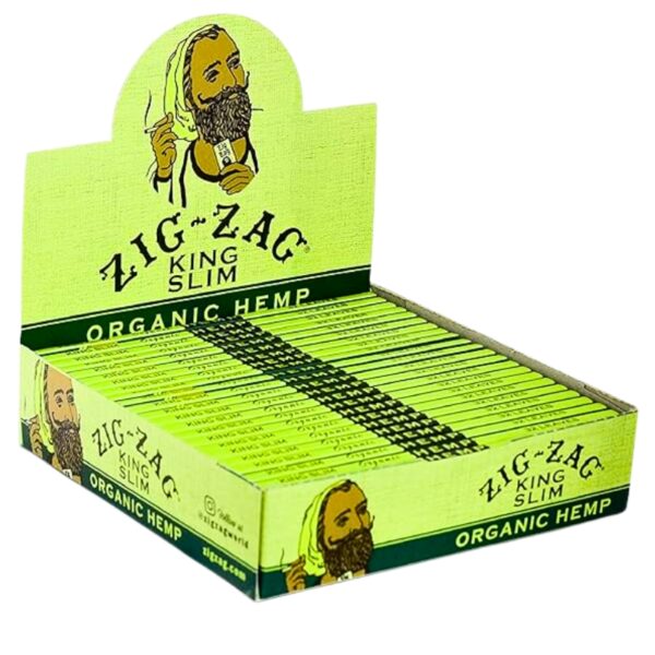 A display box of Zig-Zag King Slim Organic Hemp rolling paper, featuring a bright lime green and dark green color scheme with the brand's illustrated logo of a bearded man.