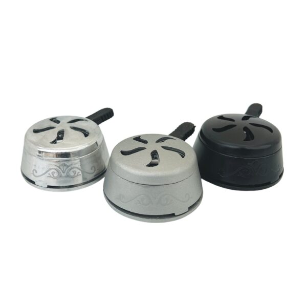 Three small dome-shaped metal containers or lids with vented tops and short handles, shown in silver, light gray, and black on a plain white background.