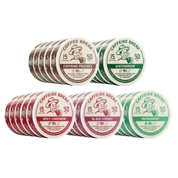 Six stacks of Caffeine Break single-serve coffee pods arranged in two rows on a white background. The top row contains brown, white, and green pods labeled Wintergreen, and the bottom row contains red, white, and purple pods labeled Spicy Cinnamon, Black Cherry, and Peppermint.