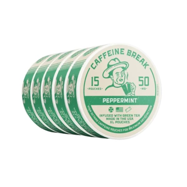 Six round Caffeine Break Peppermint infused pouches fanned out to show the front labels on a plain white background.