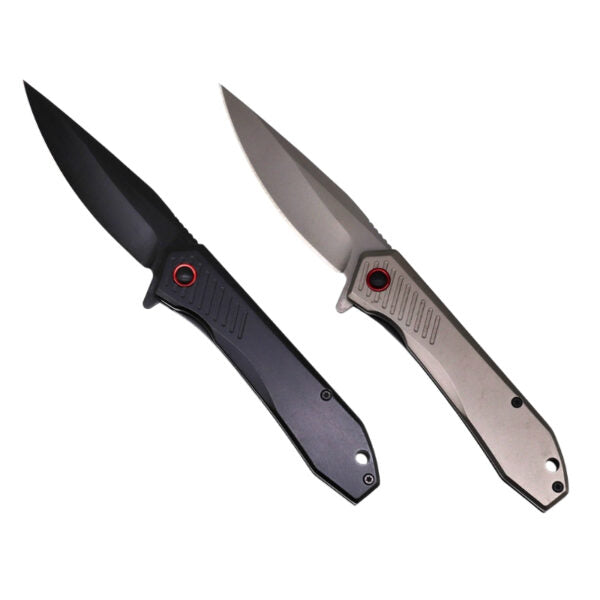 Two folding pocket knives shown side by side on a plain white background. The knife on the left has a matte black handle and blade, while the knife on the right has a brushed silver handle and blade with a small red accent ring near the pivot.