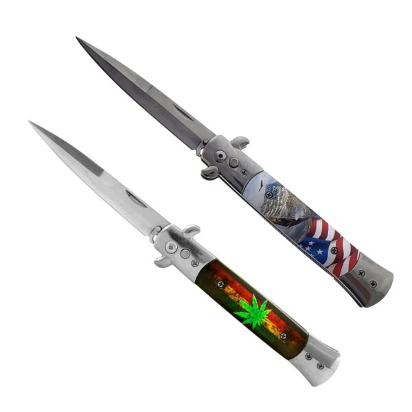 Two folding pocket knives with silver stainless steel blades and handles, one featuring a red, white, and blue American flag design and the other a green, yellow, and red gradient with a cannabis leaf, shown on a plain white background.