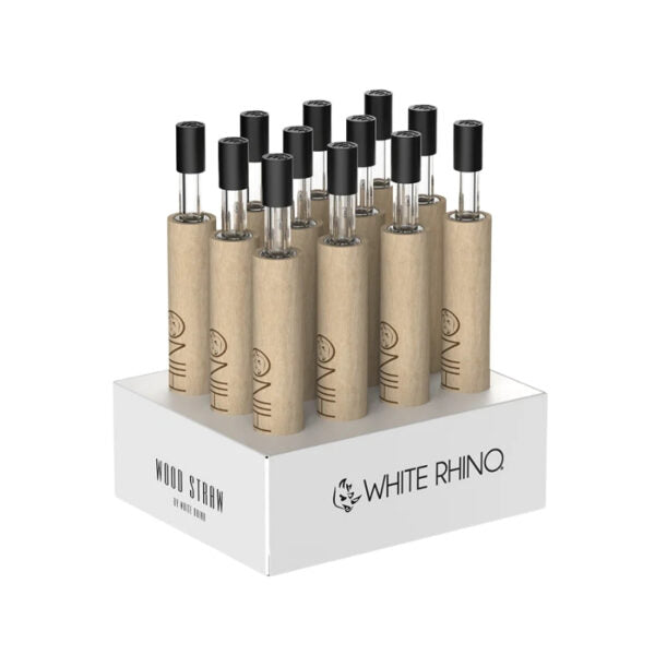 A display of ten Wood Strain x White Rhino disposable vape devices in a white retail counter box, set against a plain white background.