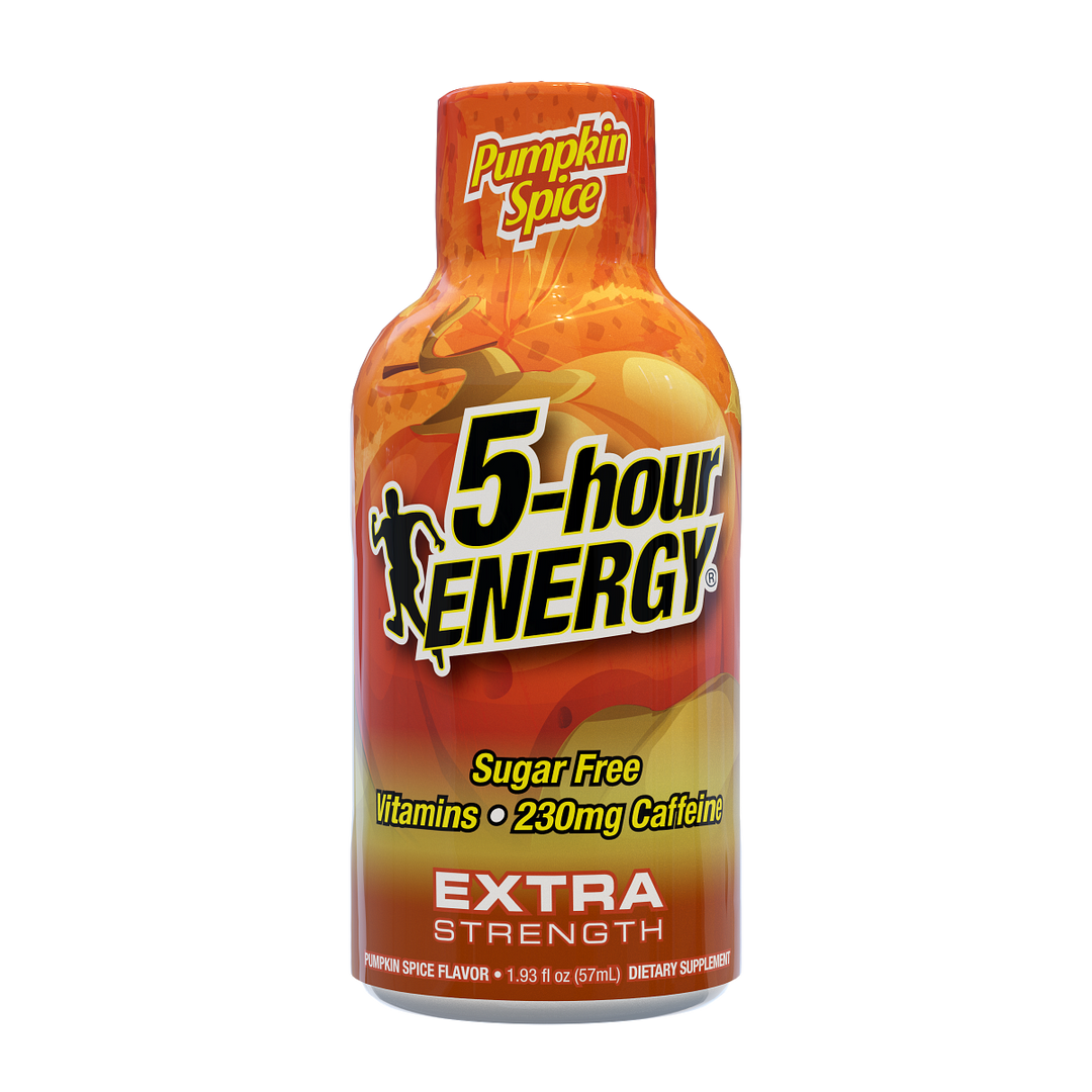 5-hour ENERGY Extra Strength Pumpkin Spice supplement bottle on a white background