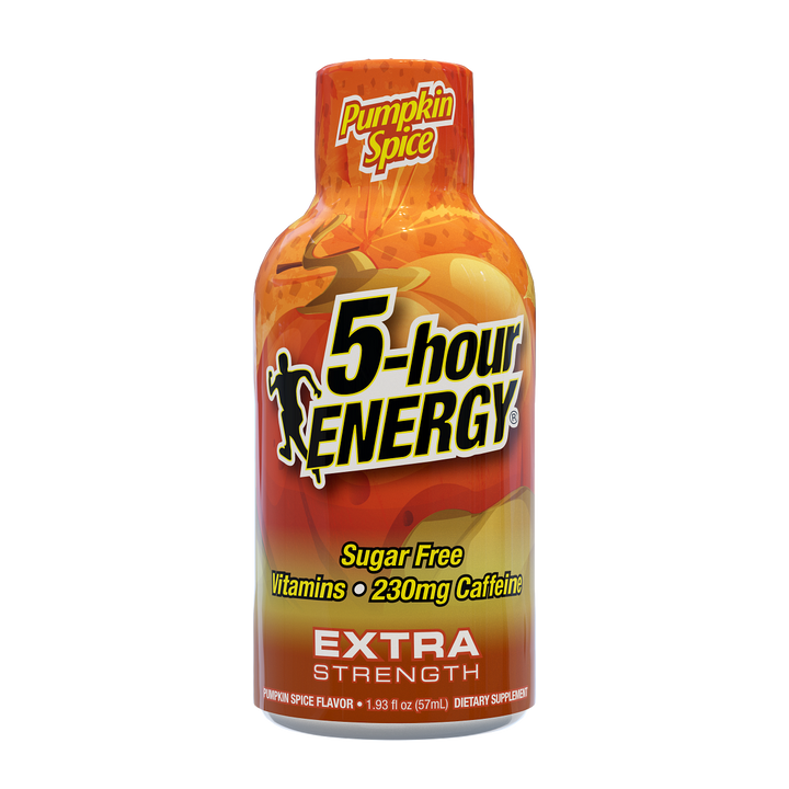 5-hour ENERGY Extra Strength Pumpkin Spice supplement bottle on a white background