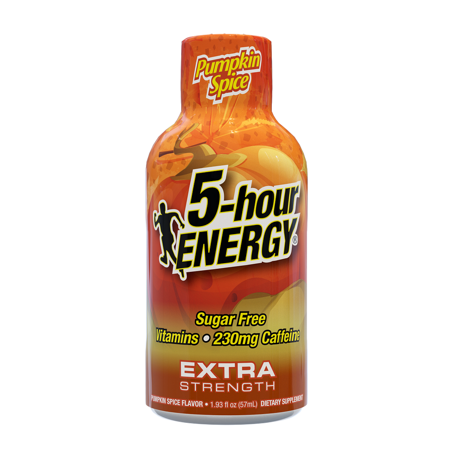 5-hour ENERGY Extra Strength Pumpkin Spice supplement bottle on a white background