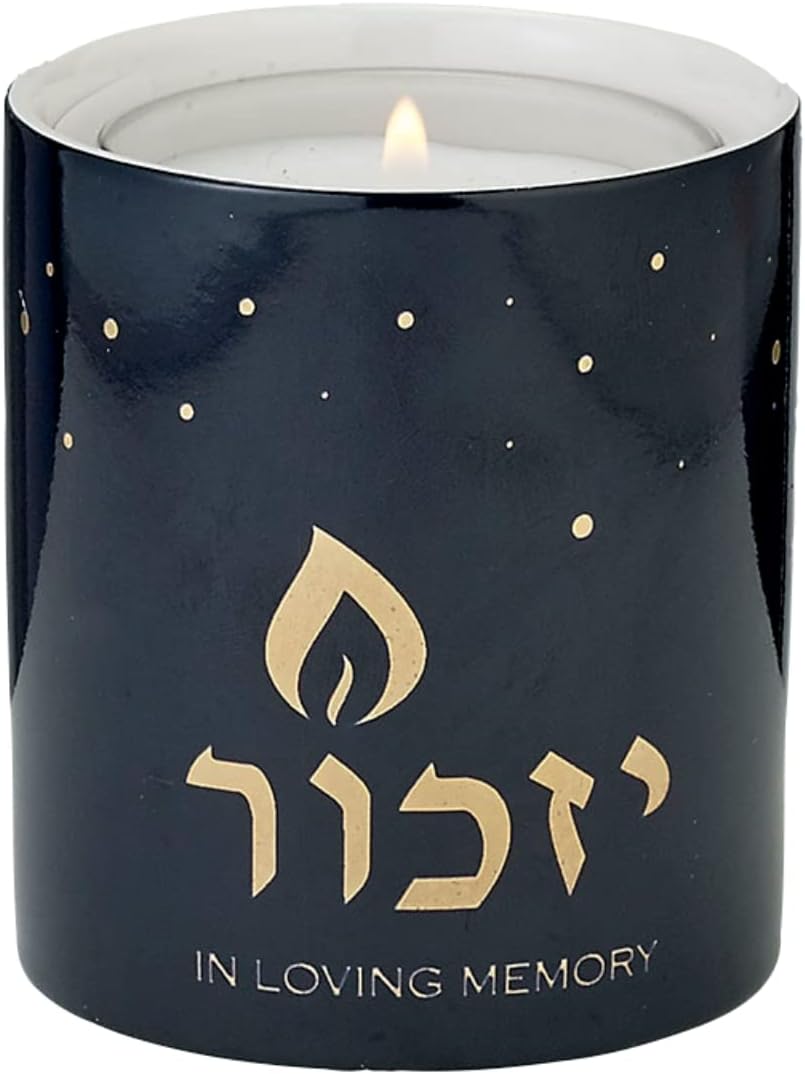 Rite Lite Blue Marble Ceramic Yizkor Luminaria 3" H - Yizkor Memorial Candle Blue with Gold Accents
