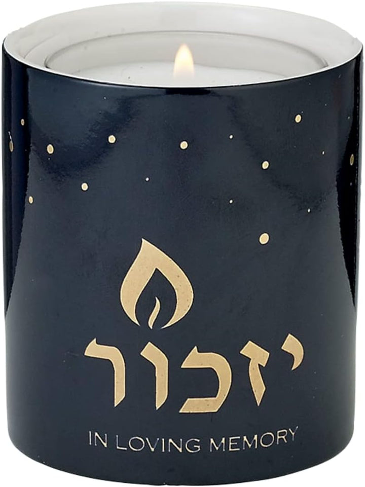 Rite Lite Blue Marble Ceramic Yizkor Luminaria 3" H - Yizkor Memorial Candle Blue with Gold Accents