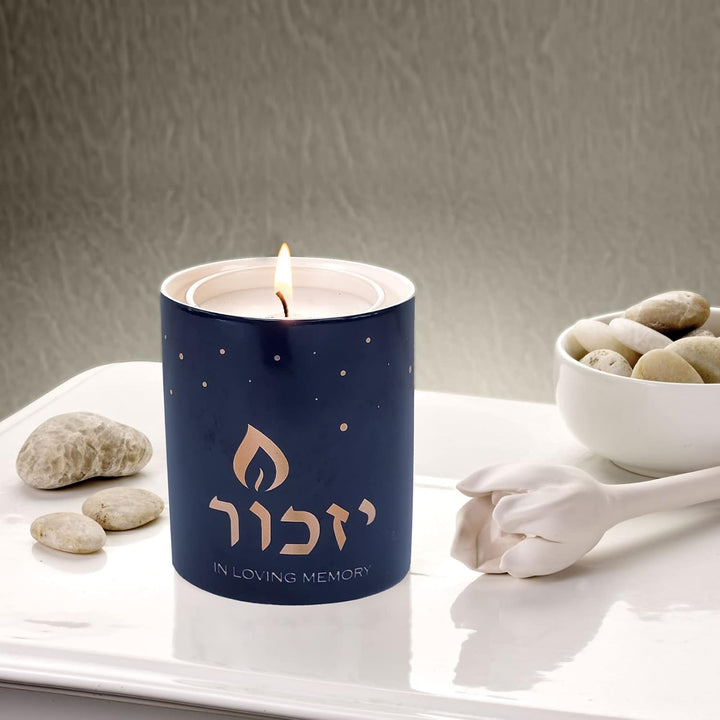 Rite Lite Blue Marble Ceramic Yizkor Luminaria 3" H - Yizkor Memorial Candle Blue with Gold Accents