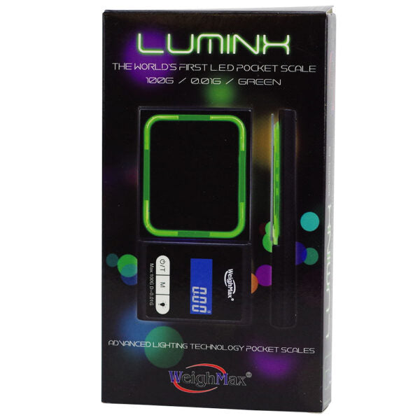 LUMINK LED pocket scale in its retail packaging, featuring a black box with a graphic of the scale glowing green and blue.