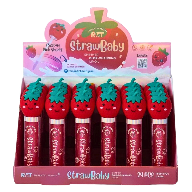 Romantic Beauty StrawBaby Shimmer color changing lip oil 12 count display