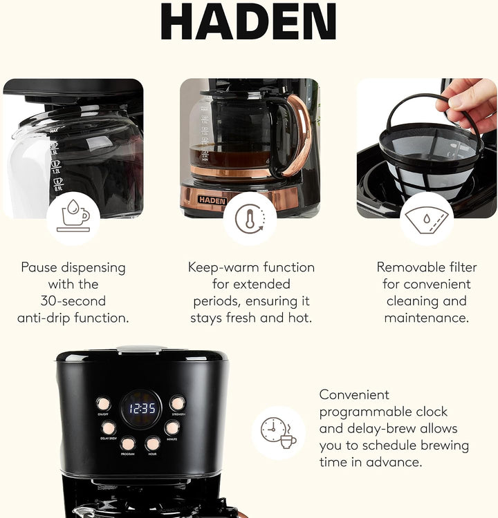 Haden 12 cup Drip Coffee Maker Black and copper color