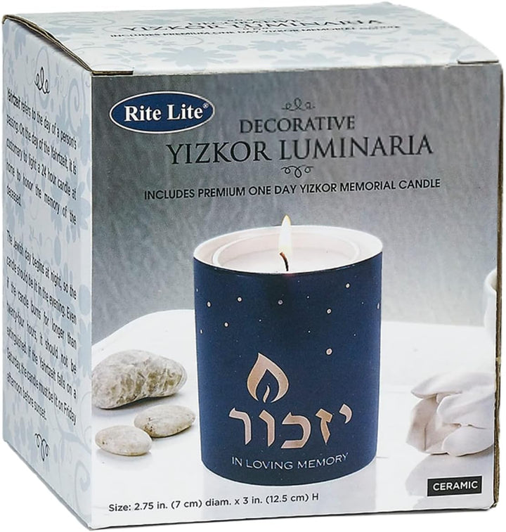 Rite Lite Blue Marble Ceramic Yizkor Luminaria 3" H - Yizkor Memorial Candle Blue with Gold Accents