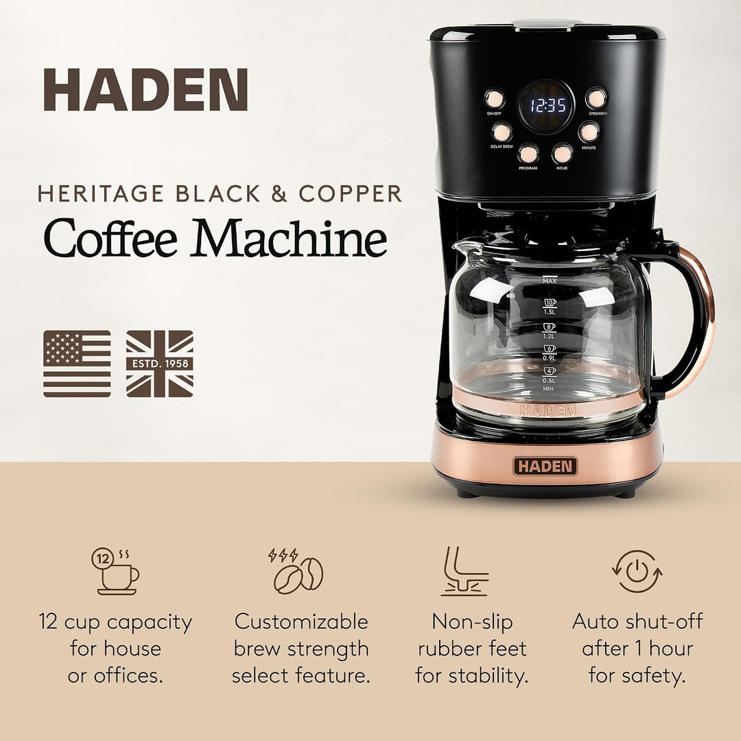 Haden 12 cup Drip Coffee Maker Black and copper color
