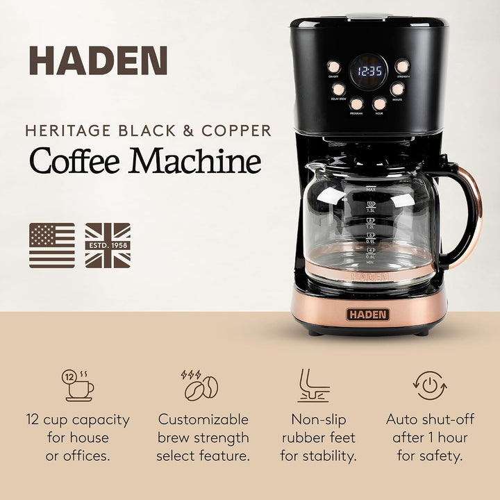 Haden 12 cup Drip Coffee Maker Black and copper color