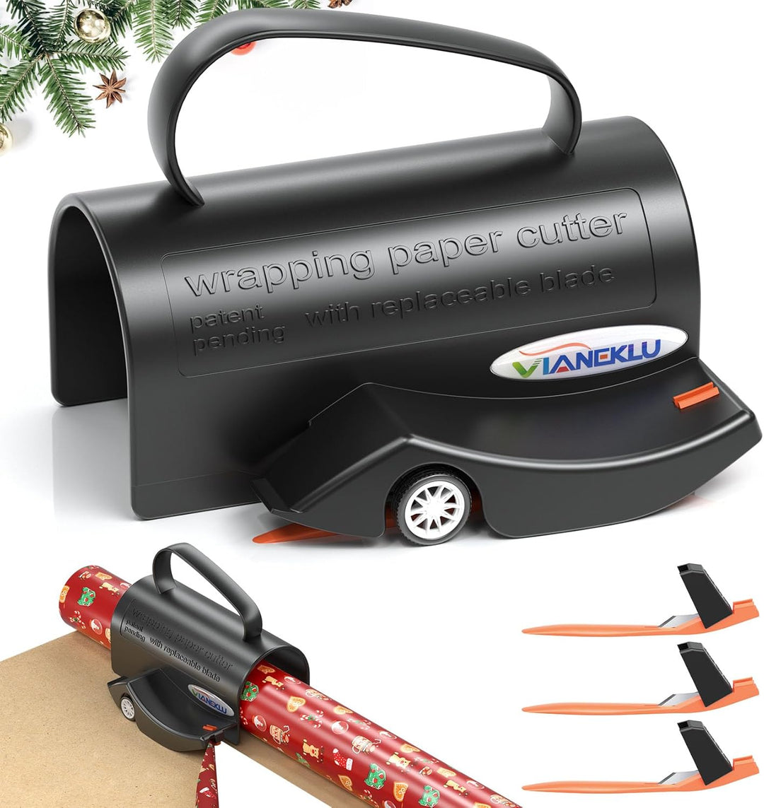 Wrapping Paper Cutter with 3 Replace Blade, Gift Wrap Cutter with Easy-Grip Handle for Rolls Paper, Easy Cut for Christmas Gifts, Holiday Wrapping, and Craft Projects, Portable Design for Home Use