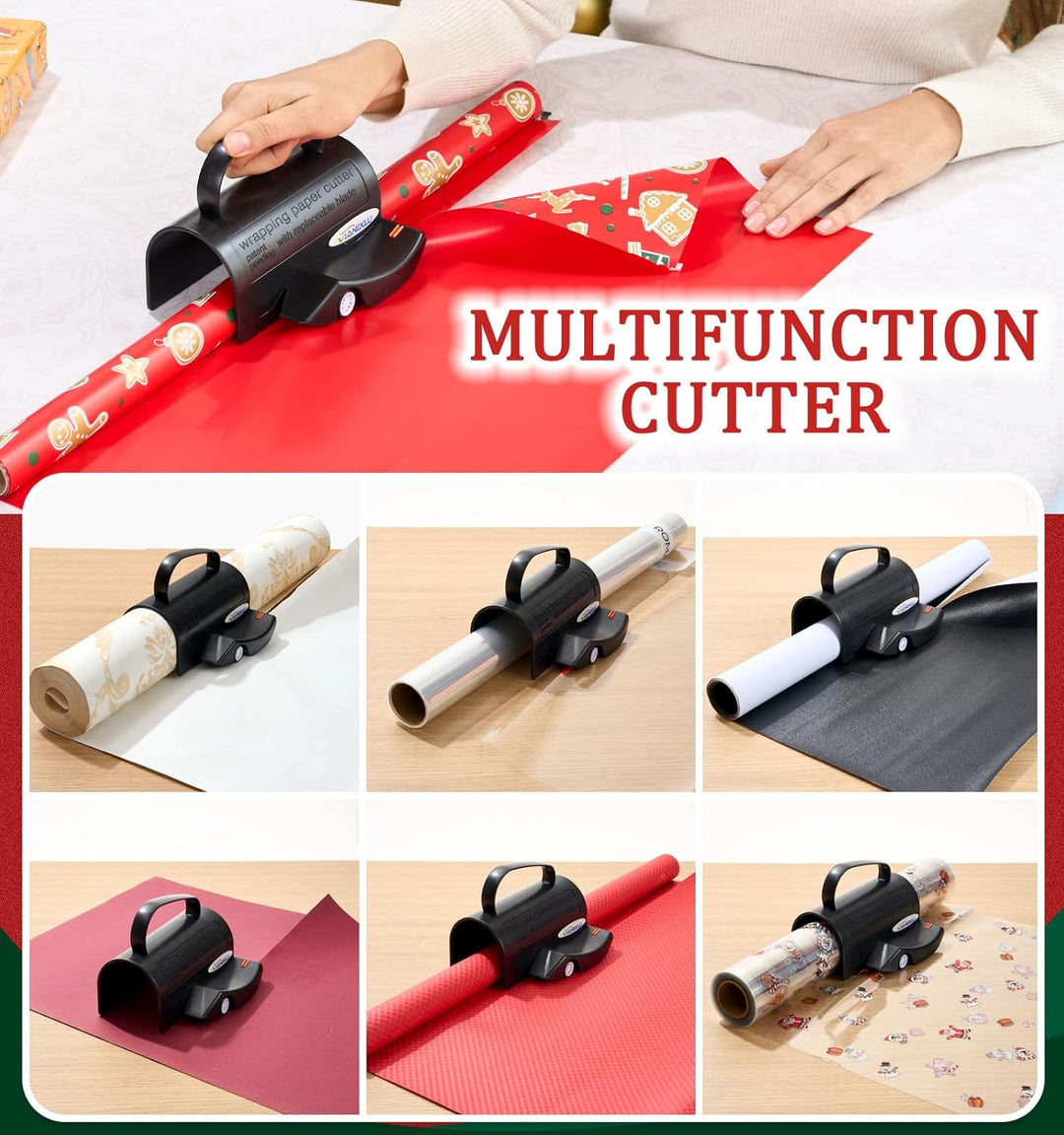 Wrapping Paper Cutter with 3 Replace Blade, Gift Wrap Cutter with Easy-Grip Handle for Rolls Paper, Easy Cut for Christmas Gifts, Holiday Wrapping, and Craft Projects, Portable Design for Home Use