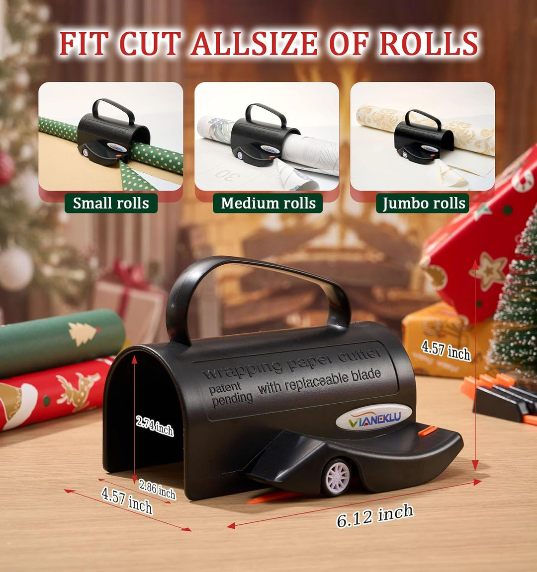 Wrapping Paper Cutter with 3 Replace Blade, Gift Wrap Cutter with Easy-Grip Handle for Rolls Paper, Easy Cut for Christmas Gifts, Holiday Wrapping, and Craft Projects, Portable Design for Home Use