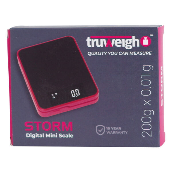 TruWeigh Storm digital mini scale retail packaging box, featuring a dark gray background with pink accents and an illustration of the red and black scale on the front.