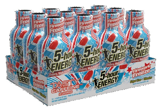 A 12-pack display tray of 5-hour Energy drink bottles in Cherry Blue Raspberry flavor, featuring red, white, and blue bottles in a cardboard tray on a white background.