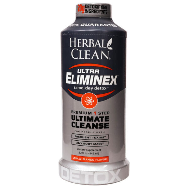 A 12 fl oz bottle of Herbal Clean Ultra Eliminex Same-Day Detox dietary supplement, featuring a black and silver label with orange and white text, on a white background.