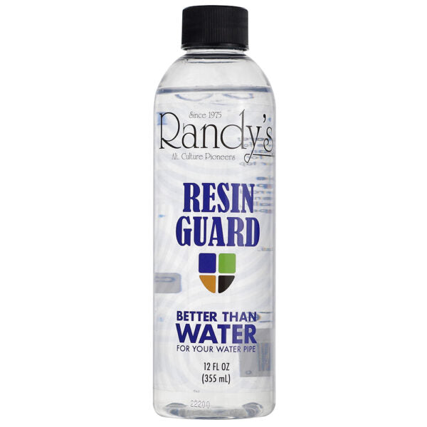 A 12 fl oz bottle of Randy's Resin Guard water treatment, featuring a clear plastic bottle with a black cap and a white label with blue and green accents.