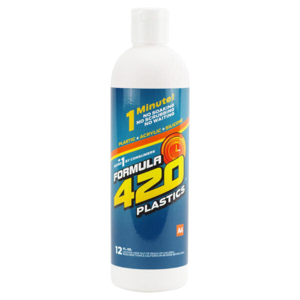 A 12 oz bottle of Formula 420 Plastics adhesive, featuring a blue and yellow label with a white cap, shown against a plain white background.