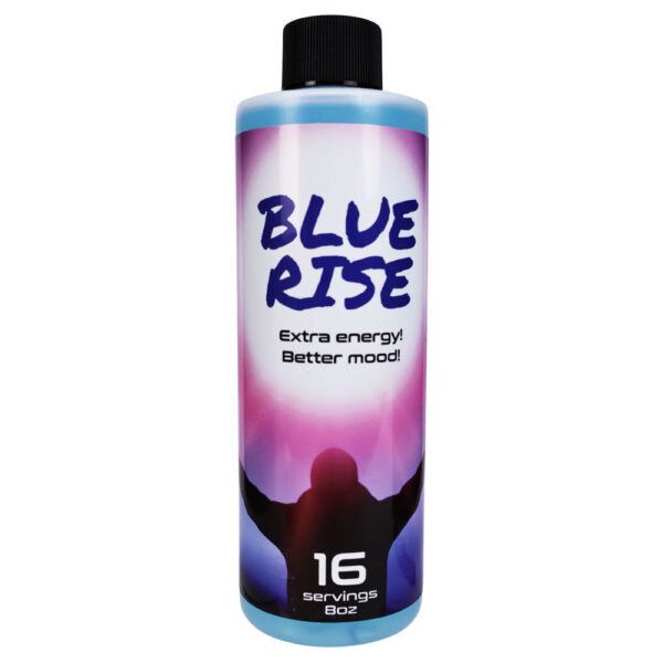 A 16-serving 8oz bottle of Blue Rise Extra Energy Better Mood drink, featuring a purple and pink gradient label with a black cap, on a white background.
