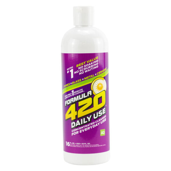 A 16 oz white plastic bottle of Formula 420 Daily Use Concentrated Cleaner for everyday use, featuring a purple label with yellow and green text.