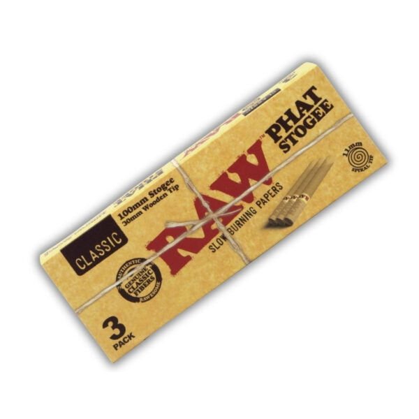 A 3-pack of RAW brand Phat Stogee rolling papers in a classic tan kraft paper sleeve, shown diagonally on a white background.