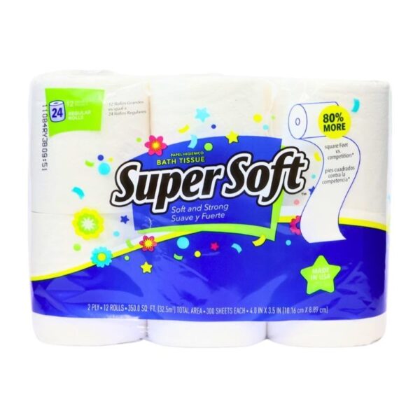 A 3-pack of Super Soft Bath Tissue paper rolls in a white, blue, and yellow cardboard package, featuring the Super Soft brand logo and colorful confetti graphics.