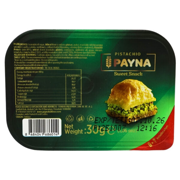 A 30g tin of Payna Pistachio Sweet Snack, featuring a dark green label with a photo of a pistachio-filled pastry and product details.