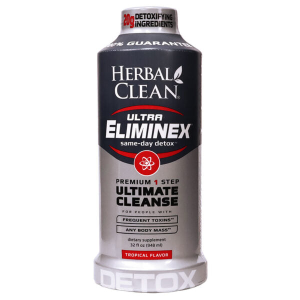 A 32 fl oz bottle of Herbal Clean Ultra Elimnex Same-day Detox dietary supplement, Tropical Flavor, on a plain white background.