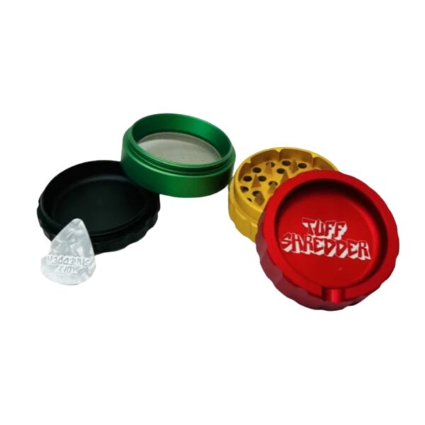 A 4-piece herb grinder set with four separate metal rings in green, yellow, red, and black, along with a clear diamond-shaped glass mouthpiece. The red lid features the text '4YPF SANDWEER' in raised letters.