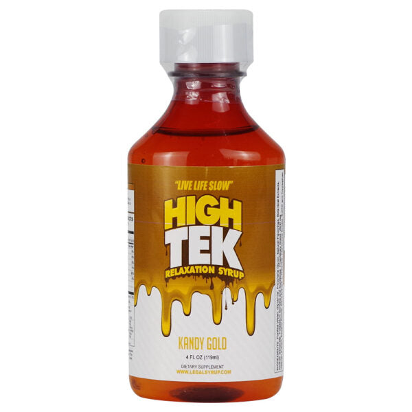 A 4 fl oz bottle of High Tek Relaxation Syrup in Kandy Gold flavor, featuring an amber-brown liquid inside a clear bottle with a white cap and a gold, white, and yellow label.
