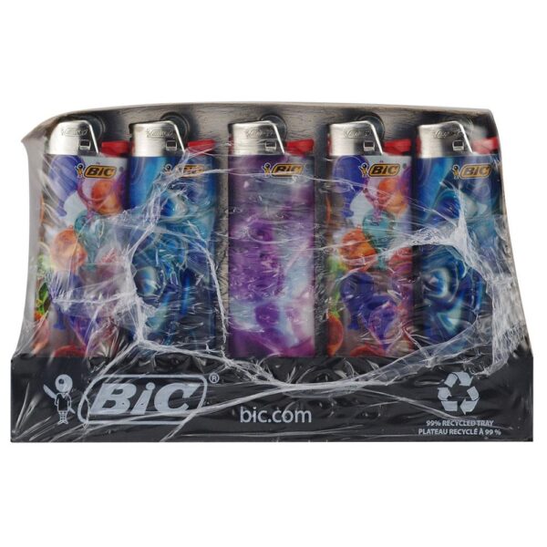 A 5-pack of BIC disposable lighter matches in a black plastic tray, wrapped in clear plastic. The matchsticks feature colorful space-themed designs with planets and nebulae in blue, purple, orange, and red.