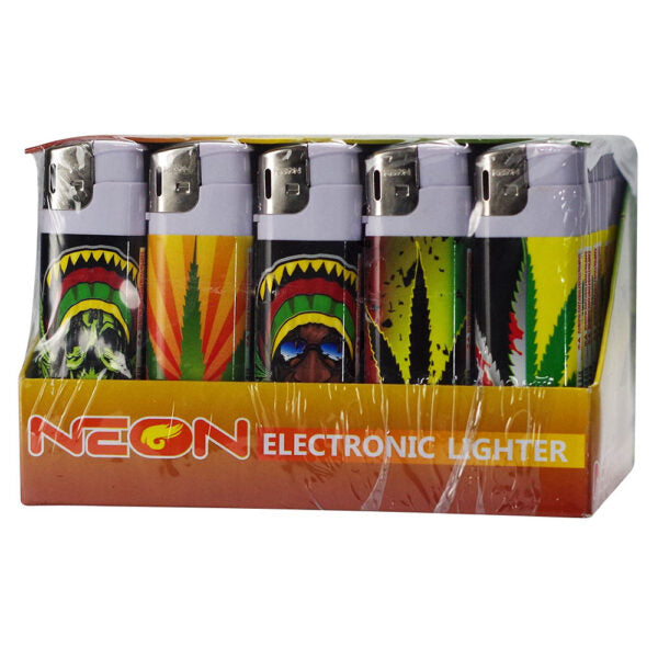 A 5-pack of NEON Electronic Lighters in a clear plastic clamshell package. The lighters feature vibrant, colorful designs including green cannabis leaves, red and yellow sunburst patterns, and a black background with red, yellow, and green stripes.