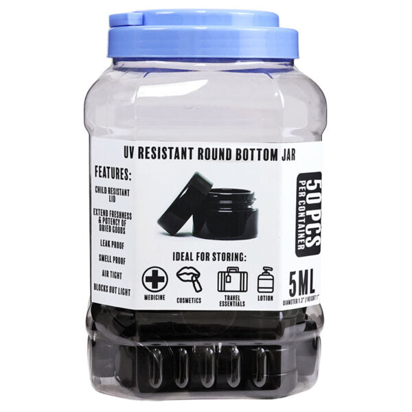 A 5ml UV resistant round bottom jar by SODS, featuring a clear plastic body, a blue screw-on lid, and a white label with black text and graphics.