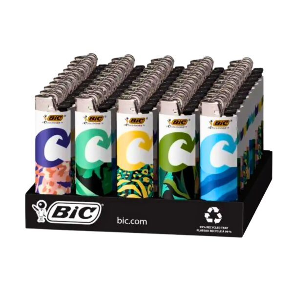A BIC 10-pack display tray of lighter matches, featuring four distinct colored designs (purple, green, yellow, and blue) with a black base tray branded with BIC.