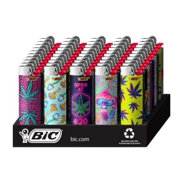 A BIC 420 lighters display stand holding twenty-four colorful patterned BIC lighters arranged in four rows of six on a black base.
