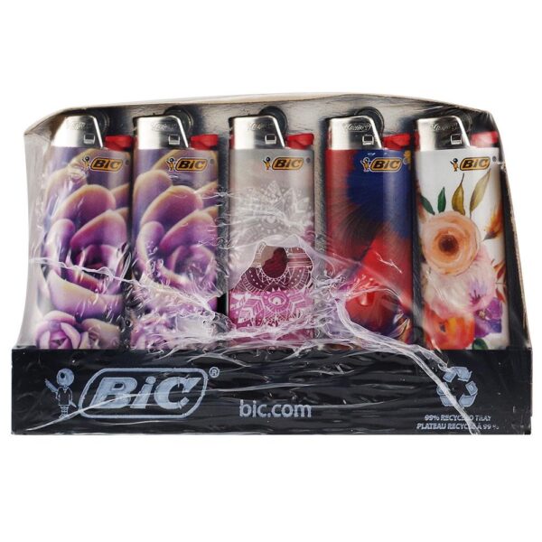 A BIC 5-pack display box containing five decorative BIC lighters with floral and abstract designs, sealed in clear plastic wrap on a white background.