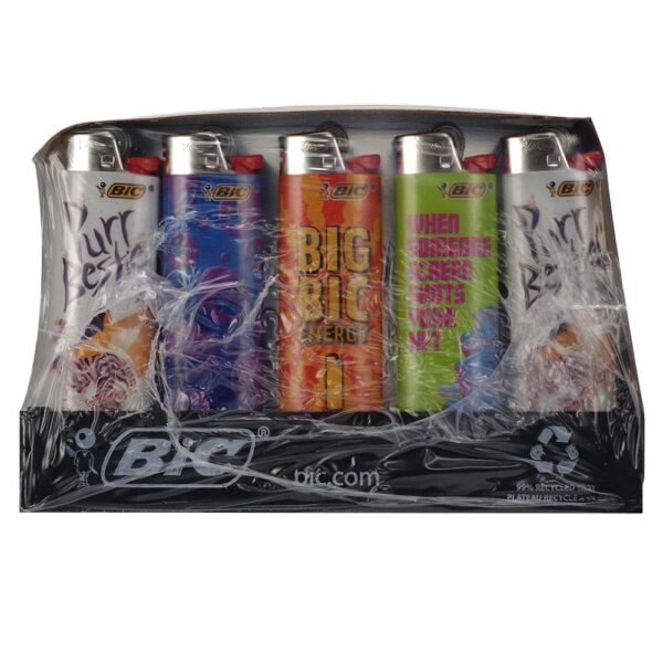 A BIC 6-pack of novelty lighter-shaped lip balm tubes in a clear plastic clamshell package. The tubes feature various colorful designs and text including 'Purr Perfect', 'BIG BIC ENERGY', and 'WHEN DRUGS LATE NIGHTS COME ON MY LIST'.