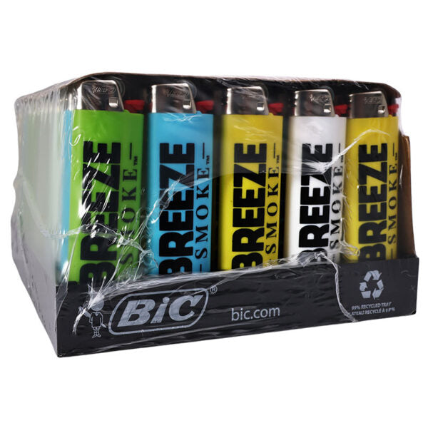 A BIC Smoke Breeze pack of five disposable lighters in assorted colors (green, blue, yellow, white, and dark yellow) inside a black cardboard tray, wrapped in clear plastic.